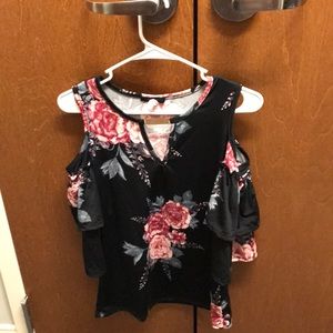 Black Floral Cold Shoulder 3/4 Sleeve Shirt